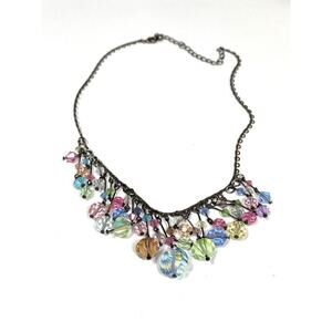 Necklace Artisan Crystal Beads Dangles Chocker Gunmetal Tone 13.5”+3”